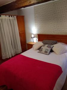 1 dormitorio con 1 cama grande con manta roja en Apartamento entreHoces Plaza Mayor, en Cuenca