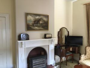 a living room with a fireplace and a television at Hamlyn House Bed and Breakfast in Hobart