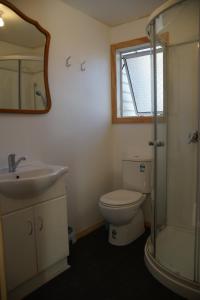 a bathroom with a toilet and a sink and a shower at Little Paradise & Petting Farm in Greymouth
