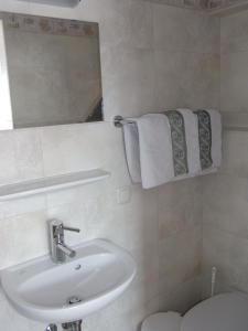 ビショフスホーフェンにあるHaus Kleinschöneggのバスルーム(洗面台、トイレ、鏡付)