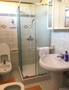 a bathroom with a shower and a toilet and a sink at Villa Saline Apartments Portorož in Portorož