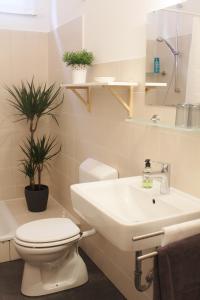 ein Badezimmer mit einer weißen Toilette und einem Waschbecken in der Unterkunft Apartment Creme zentral in Bremen