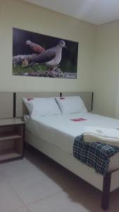 a bedroom with a bed with a picture of birds on the wall at Gaivota Hotel in Eldorado dos Carajás +9 photos