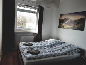 2 łóżka pojedyncze w pokoju z oknem w obiekcie Hennela Apartment w Warszawie