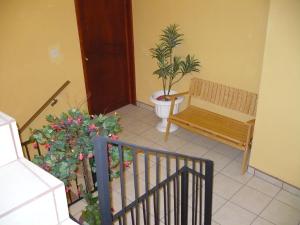un corridoio con panchina, servizi igienici e piante di Hotel Casa Cortes a Zacatecas