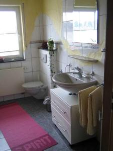 a bathroom with a sink and a toilet at Ferienwohnung Haus Andre _ fuer 4 in Ulmen