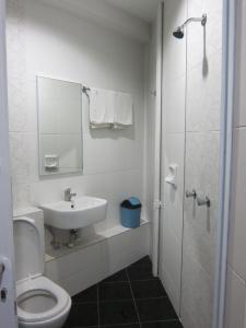 a bathroom with a toilet and a sink and a shower at Oriental Inn in Kuching