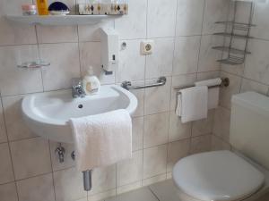 ein weißes Bad mit einem Waschbecken und einem WC in der Unterkunft Appartements Gästehaus Monika in Bezau