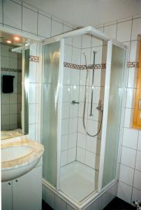 y baño con ducha y lavamanos. en Studio Bel-Hüs / Bel-Häx en Blatten bei Naters