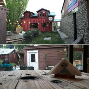 two pictures of a house with a table in front of it at Hostel del Glaciar Pioneros in El Calafate