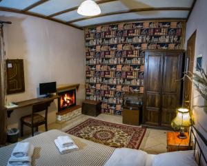 a bedroom with a fireplace and a wall of books at Xenonas Sta Tzakia in Karpenisi