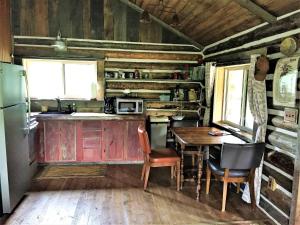 a kitchen with a table and a refrigerator at Creek Cabin in Gardiner
