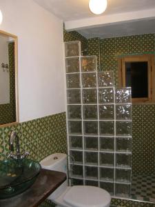 La salle de bains est pourvue de toilettes et d'un mur en verre. dans l'établissement Dar Carlos, à Chefchaouen