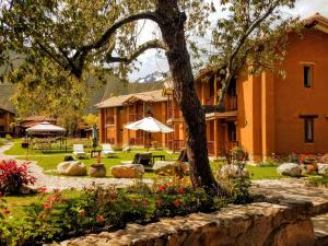 a courtyard of a house with a tree and flowers at Lizzy Wasi Urubamba in Urubamba