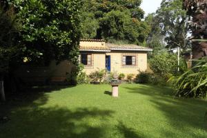 a house in a yard with a birdbath in the grass at El Refugio de las Palomas in Tepoztlán