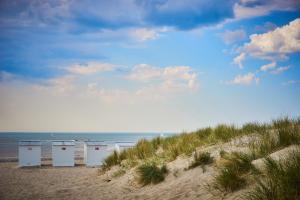 uma fila de casas de banho portáteis numa praia em Marie-Alice em Nieuwpoort