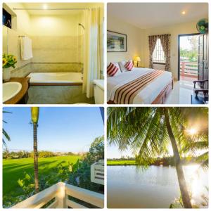 a collage of four pictures of a hotel room at Do River Homestay in Hoi An