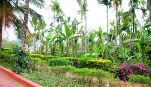 a garden with palm trees and flowers on a street at Simply Coorg Estate Villa in Virajpet