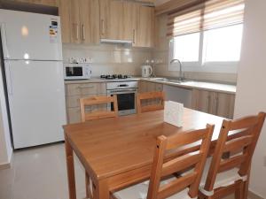 法馬古斯塔的住宿－Aylin Apartment，厨房配有木桌和白色冰箱。