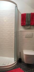 uma casa de banho com um chuveiro, um WC e toalhas vermelhas em Dubrovnik Hotel Alternatives em Dubrovnik