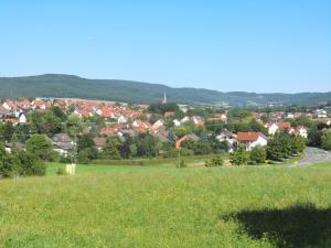 vistas a una ciudad desde una colina con un campo verde en Abseits vom Lärm und Verkehr, en Litzendorf