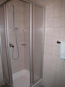 y baño con ducha y puerta de cristal. en Haus Birgit, en Pettneu am Arlberg