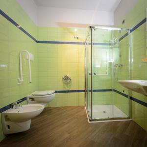 a bathroom with a shower and a toilet and a sink at B&B Le Gemme in Castel Lagopesole