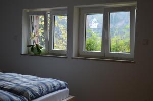 a bedroom with three windows and a bed in it at Panorama-Blick Miltenberg, 3 Pers., zentr., am Main, Terrasse, Bootverleih, P in Miltenberg