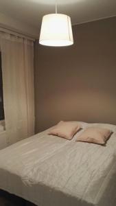 a bedroom with a bed with a light above it at City Apartment Pääsky in Rovaniemi