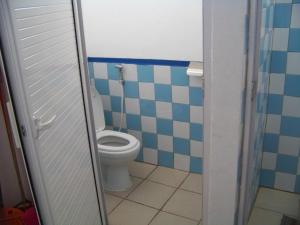 a bathroom with a toilet with blue and white tiles at Le Yanrie in Bouchon
