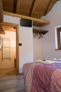 um quarto com uma cama e uma televisão na parede em B&B Lo VAN - Camere al Verde Villaggio di Rumiod em Saint-Pierre