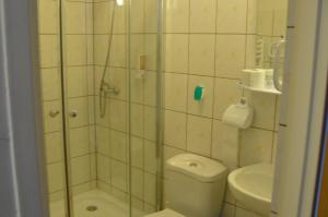 y baño con ducha, aseo y lavamanos. en Knajpa Sorba, en Skwierzyna