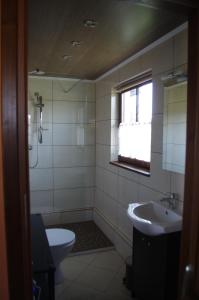 La salle de bains est pourvue de toilettes, d'un lavabo et d'une fenêtre. dans l'établissement Ahorn II, à Rydzewo