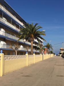 a fence with a palm tree in front of a building at LAS PERLAS - 1º Linea in Denia