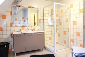y baño con ducha y lavamanos. en Appartement Passe Partout en Lucenay-lʼÉvêque