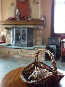 a basket on a table in front of a fireplace at Archontiko Christodoulou in Vronteró