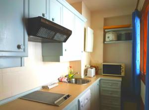 una pequeña cocina con fregadero y microondas en Apartment de las Nieves, en Sierra Nevada