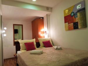 una camera da letto con un letto grande con cuscini rossi di B&B Bazeni a Sarajevo