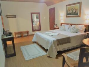 een slaapkamer met een groot bed en een spiegel bij Pousada Stohler Haus in Penedo +69 foto's