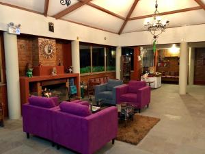 ein Wohnzimmer mit lilafarbenen Möbeln und einem Kronleuchter in der Unterkunft Casona Plaza Ecolodge Colca in Yanque