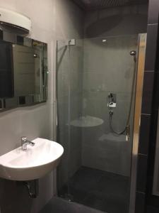 uma casa de banho com um lavatório e um chuveiro com uma porta de vidro em Apartamenty 66 c em Wisla