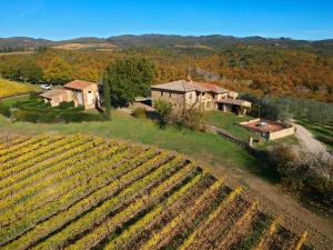 an aerial view of a vineyard and a house at Casalgallo in Quercegrossa