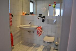 een kleine badkamer met een wastafel en een toilet bij Ferienwohnung Sonnenkamp in Schmallenberg