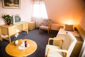 a hotel room with a couch and a tv and a table at Hotel Stadt Peine in Peine