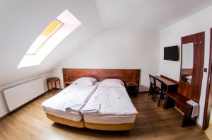 a bedroom with a bed and a skylight at Noclegi Europa in Bolesławiec