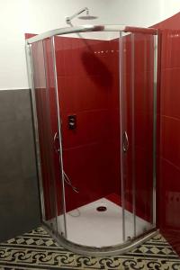 y baño con ducha y puerta de cristal. en Affittacamere ROMA FLAMINIO, en Roma