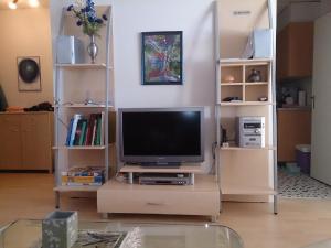 sala de estar con TV en un soporte en Quellenhof D04, en Davos