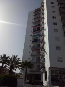 ロス・クリスティアーノスにあるApartamento Playa Los Cristianosのヤシの木が目の前にそびえる白い高い建物