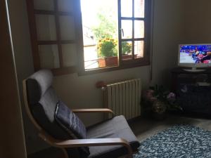 a living room with a chair and a television at CASA EL CASTAÑÉU in Arriondas