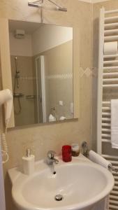 a bathroom with a white sink and a mirror at Agritur Maso Barco in Faedo +61 photos